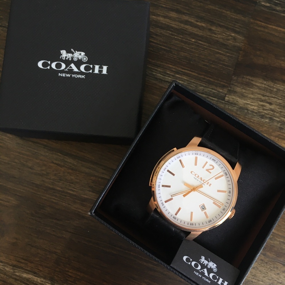 🆕 Coach Black Leather Band Rose Gold Watch